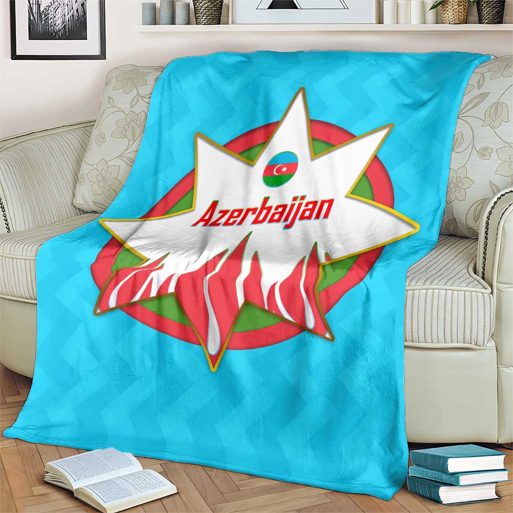 Azerbaijan National Emblem Blanket with Star and Flame Design in Sky Blue