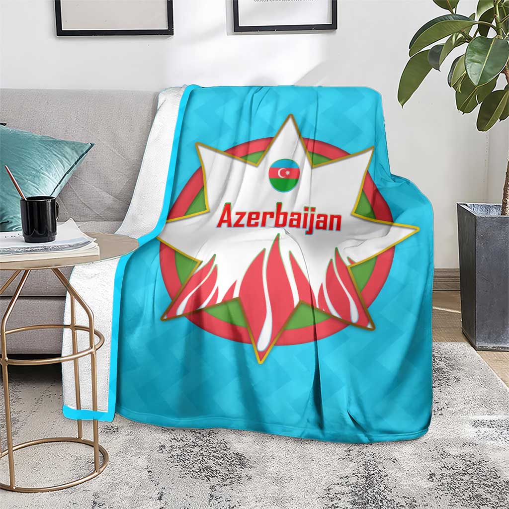 Azerbaijan National Emblem Blanket with Star and Flame Design in Sky Blue