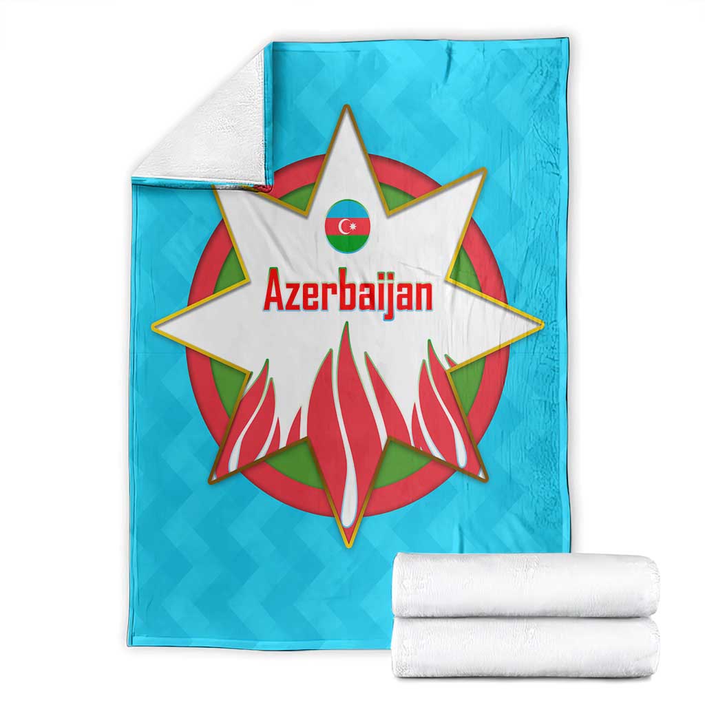 Azerbaijan National Emblem Blanket with Star and Flame Design in Sky Blue