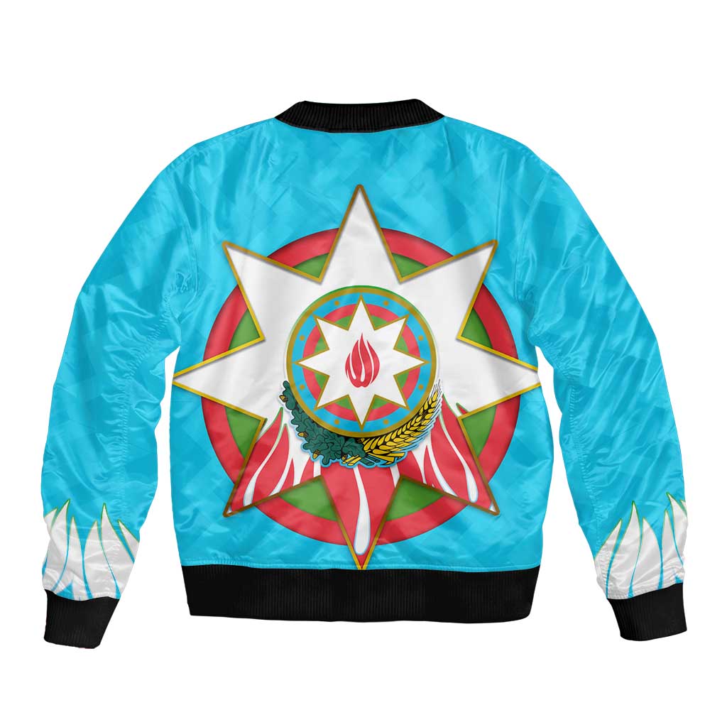 Azerbaijan National Emblem Bomber Jacket with Star and Flame Design in Sky Blue