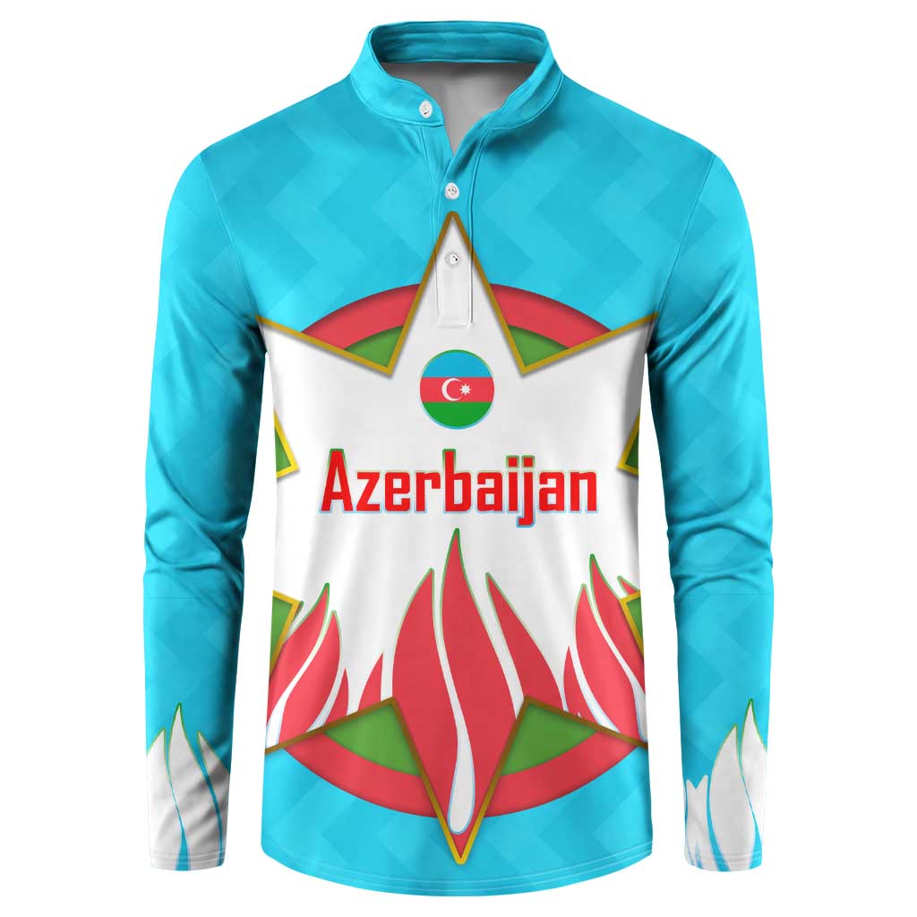Azerbaijan National Emblem Button Sweatshirt with Star and Flame Design in Sky Blue