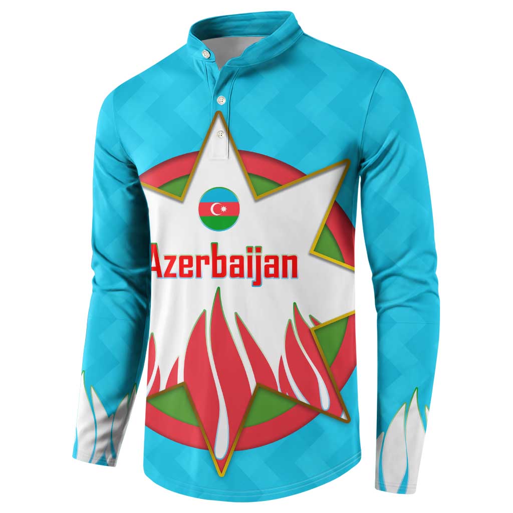 Azerbaijan National Emblem Button Sweatshirt with Star and Flame Design in Sky Blue
