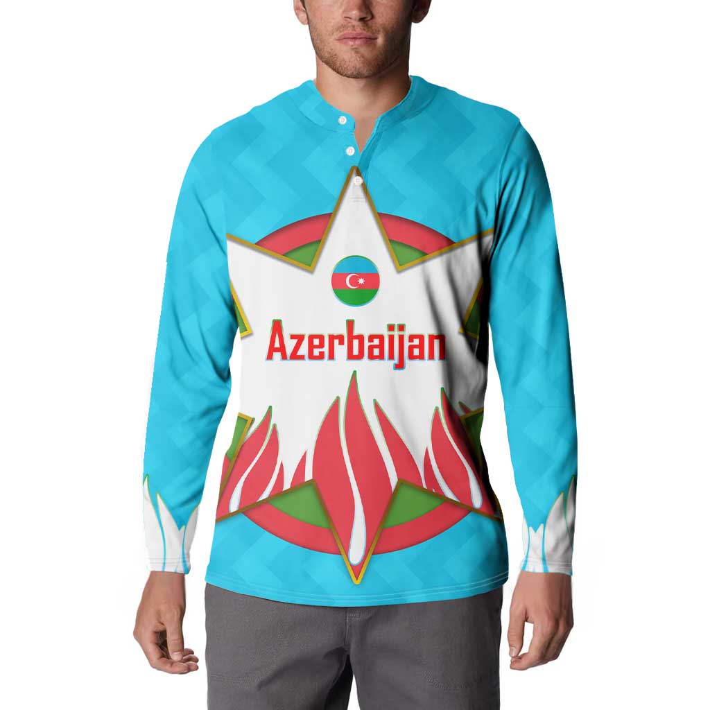 Azerbaijan National Emblem Button Sweatshirt with Star and Flame Design in Sky Blue