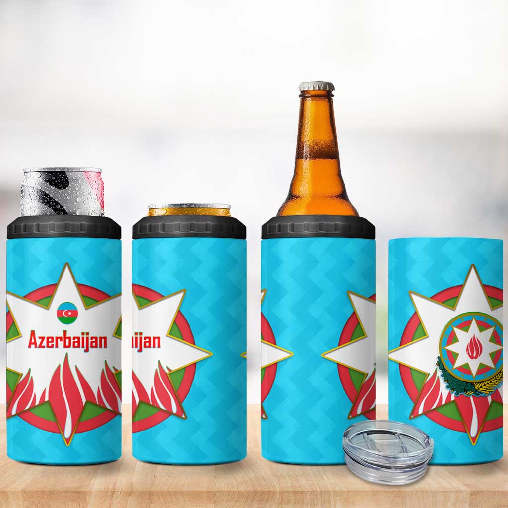 Azerbaijan National Emblem 4 in 1 Can Cooler Tumbler with Star and Flame Design in Sky Blue