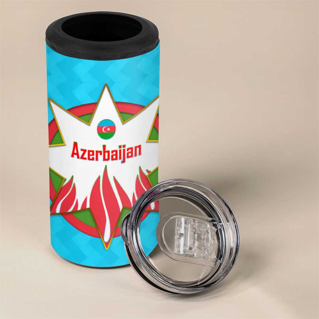 Azerbaijan National Emblem 4 in 1 Can Cooler Tumbler with Star and Flame Design in Sky Blue