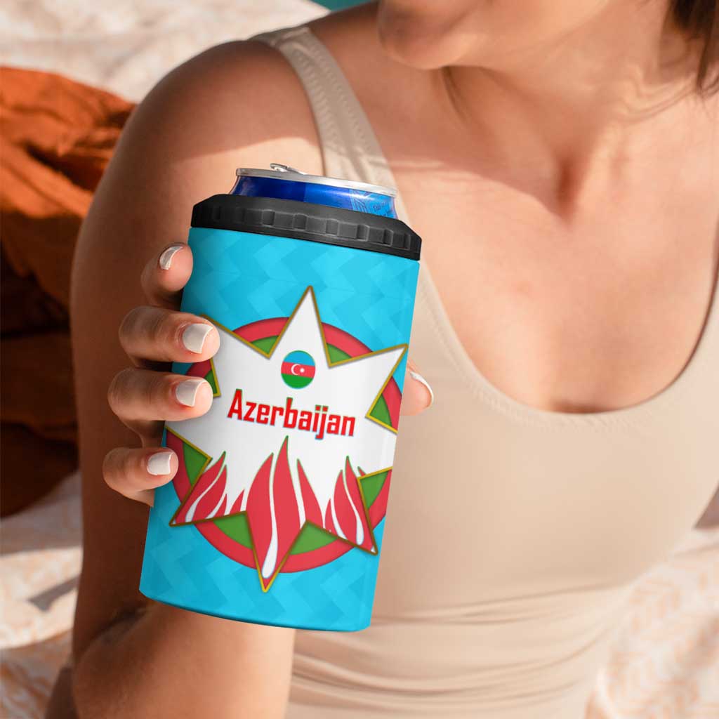 Azerbaijan National Emblem 4 in 1 Can Cooler Tumbler with Star and Flame Design in Sky Blue