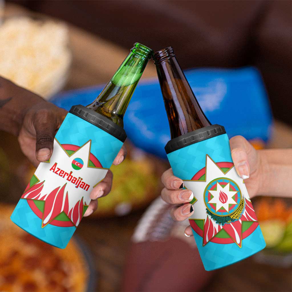 Azerbaijan National Emblem 4 in 1 Can Cooler Tumbler with Star and Flame Design in Sky Blue
