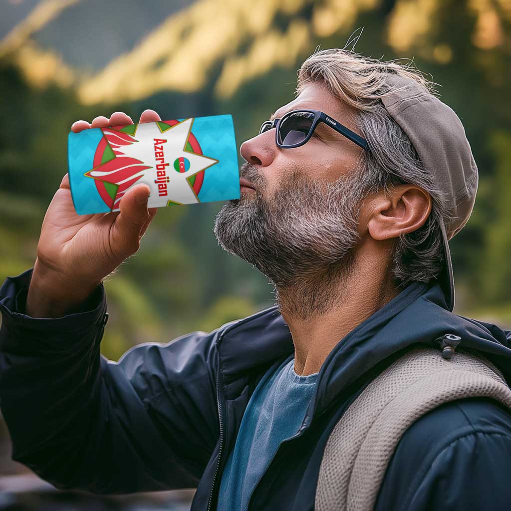 Azerbaijan National Emblem 4 in 1 Can Cooler Tumbler with Star and Flame Design in Sky Blue