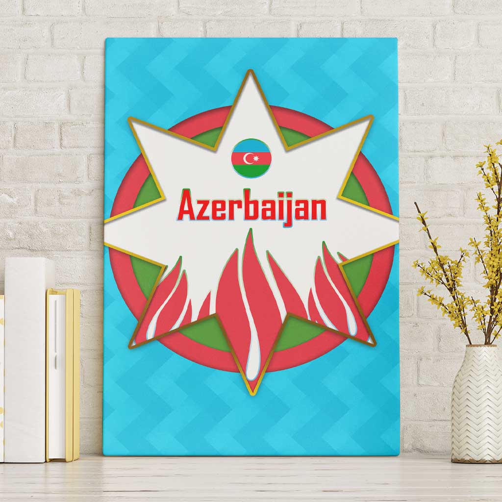 Azerbaijan National Emblem Canvas Wall Art with Star and Flame Design in Sky Blue