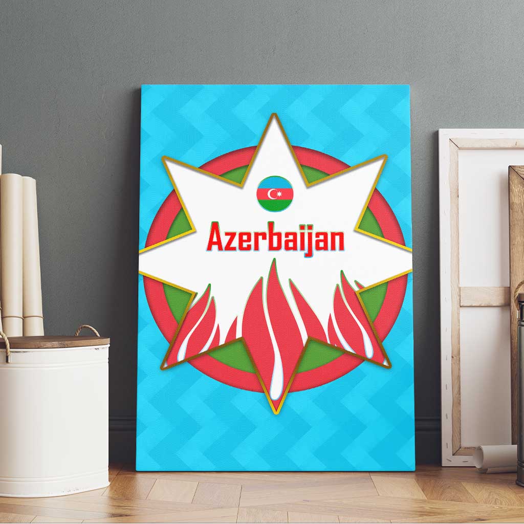 Azerbaijan National Emblem Canvas Wall Art with Star and Flame Design in Sky Blue