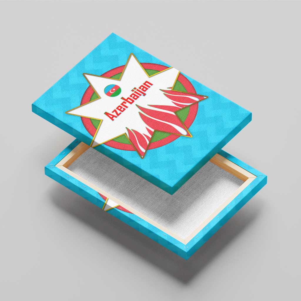 Azerbaijan National Emblem Canvas Wall Art with Star and Flame Design in Sky Blue