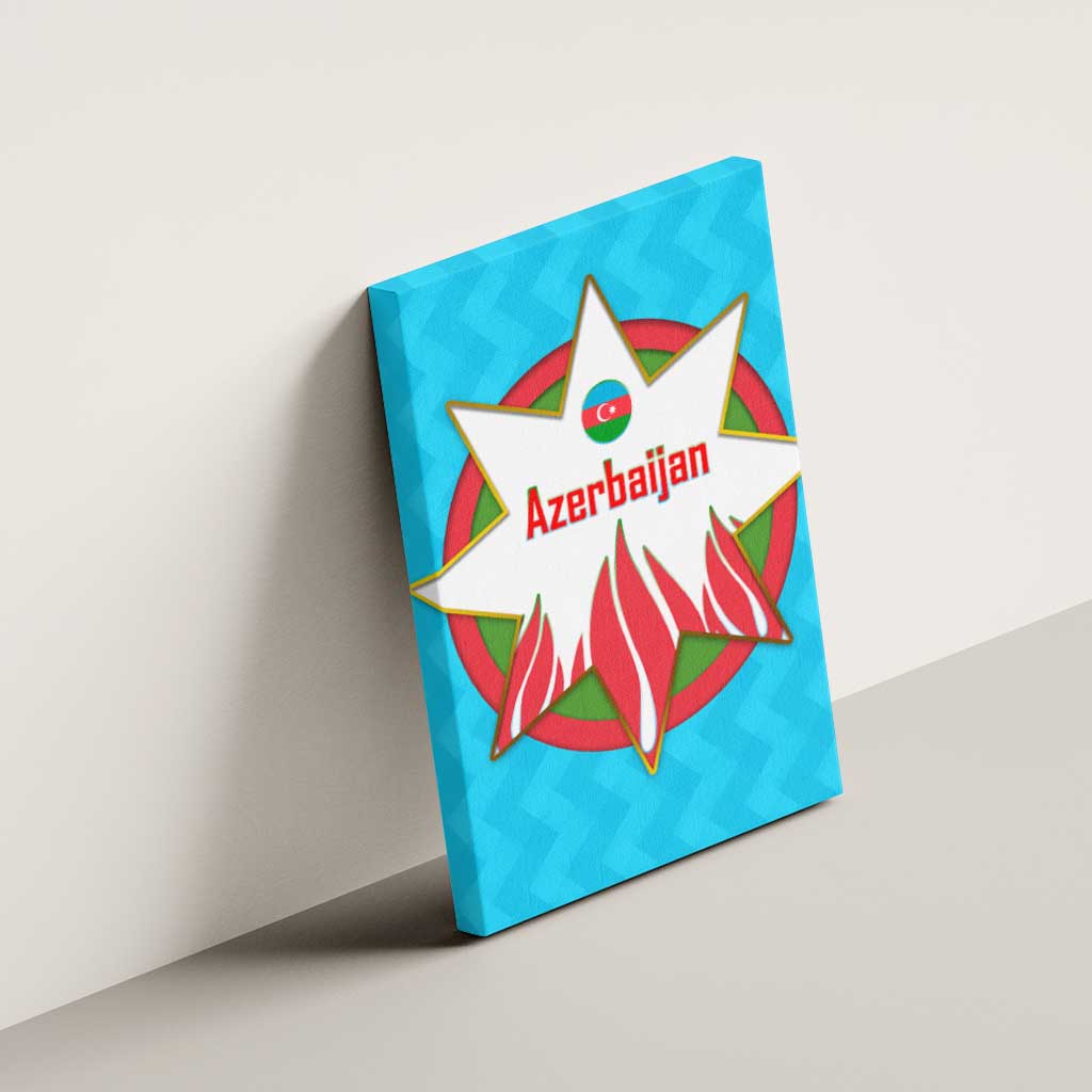 Azerbaijan National Emblem Canvas Wall Art with Star and Flame Design in Sky Blue
