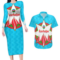 Azerbaijan National Emblem Couples Matching Long Sleeve Bodycon Dress and Hawaiian Shirt with Star and Flame Design in Sky Blue