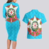 Azerbaijan National Emblem Couples Matching Long Sleeve Bodycon Dress and Hawaiian Shirt with Star and Flame Design in Sky Blue