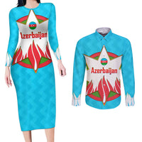 Azerbaijan National Emblem Couples Matching Long Sleeve Bodycon Dress and Long Sleeve Button Shirt with Star and Flame Design in Sky Blue