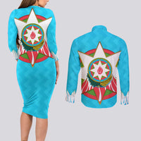 Azerbaijan National Emblem Couples Matching Long Sleeve Bodycon Dress and Long Sleeve Button Shirt with Star and Flame Design in Sky Blue