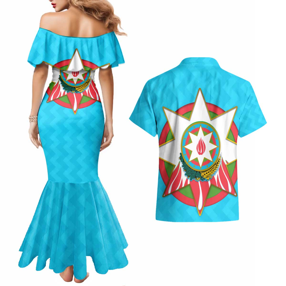 Azerbaijan National Emblem Couples Matching Mermaid Dress and Hawaiian Shirt with Star and Flame Design in Sky Blue