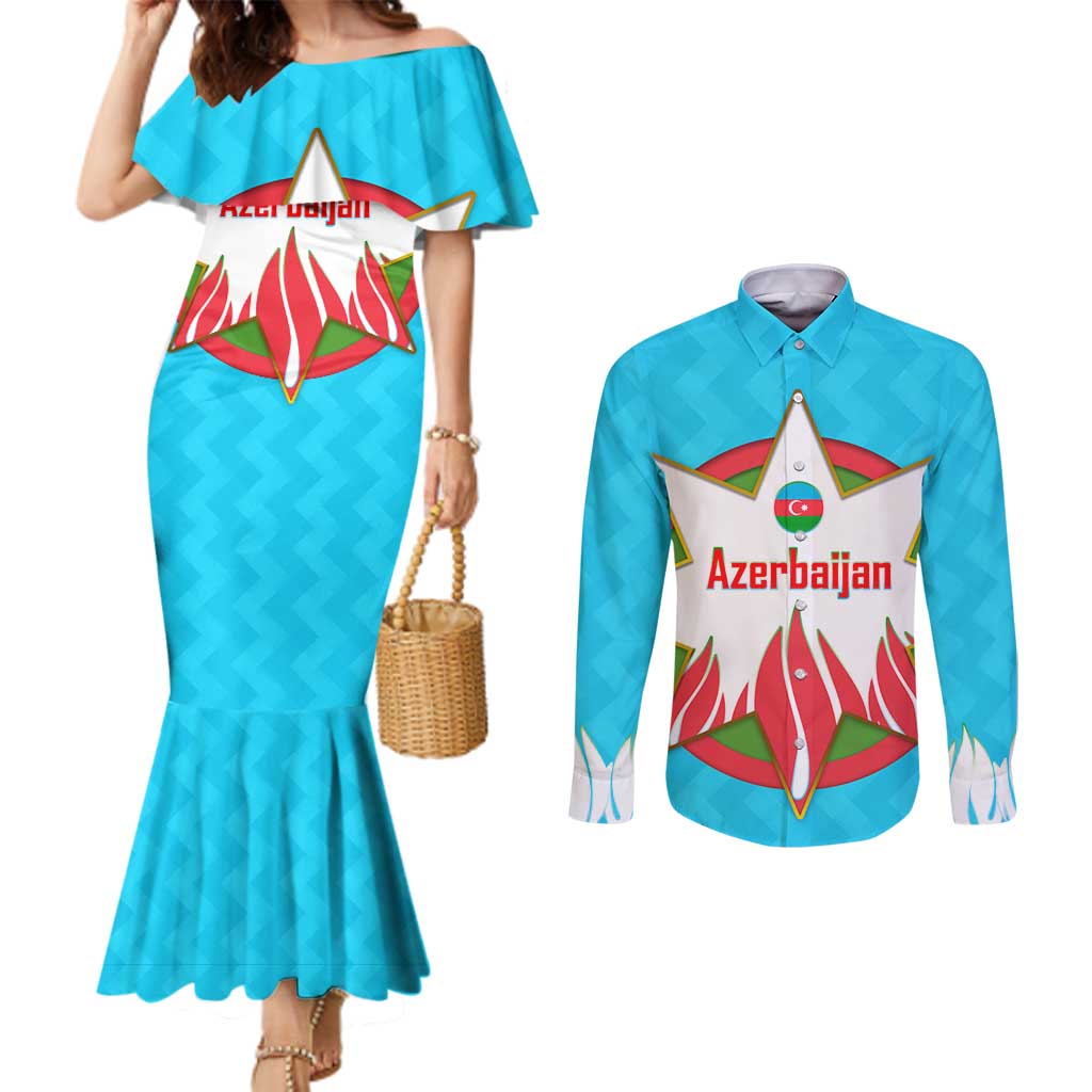 Azerbaijan National Emblem Couples Matching Mermaid Dress and Long Sleeve Button Shirt with Star and Flame Design in Sky Blue