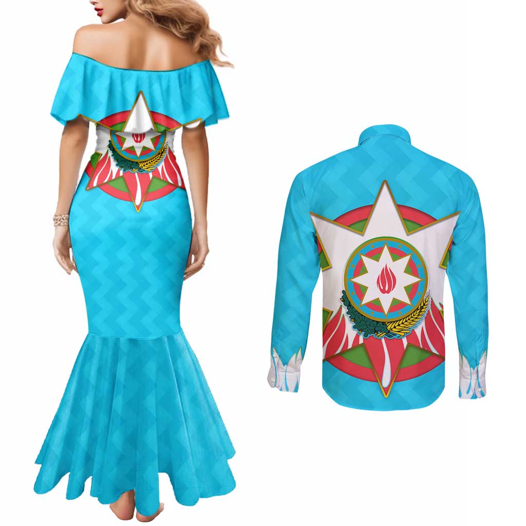 Azerbaijan National Emblem Couples Matching Mermaid Dress and Long Sleeve Button Shirt with Star and Flame Design in Sky Blue