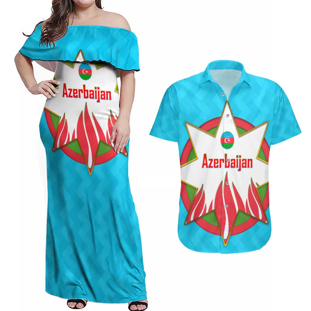 Azerbaijan National Emblem Couples Matching Off Shoulder Maxi Dress and Hawaiian Shirt with Star and Flame Design in Sky Blue