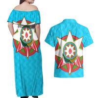 Azerbaijan National Emblem Couples Matching Off Shoulder Maxi Dress and Hawaiian Shirt with Star and Flame Design in Sky Blue