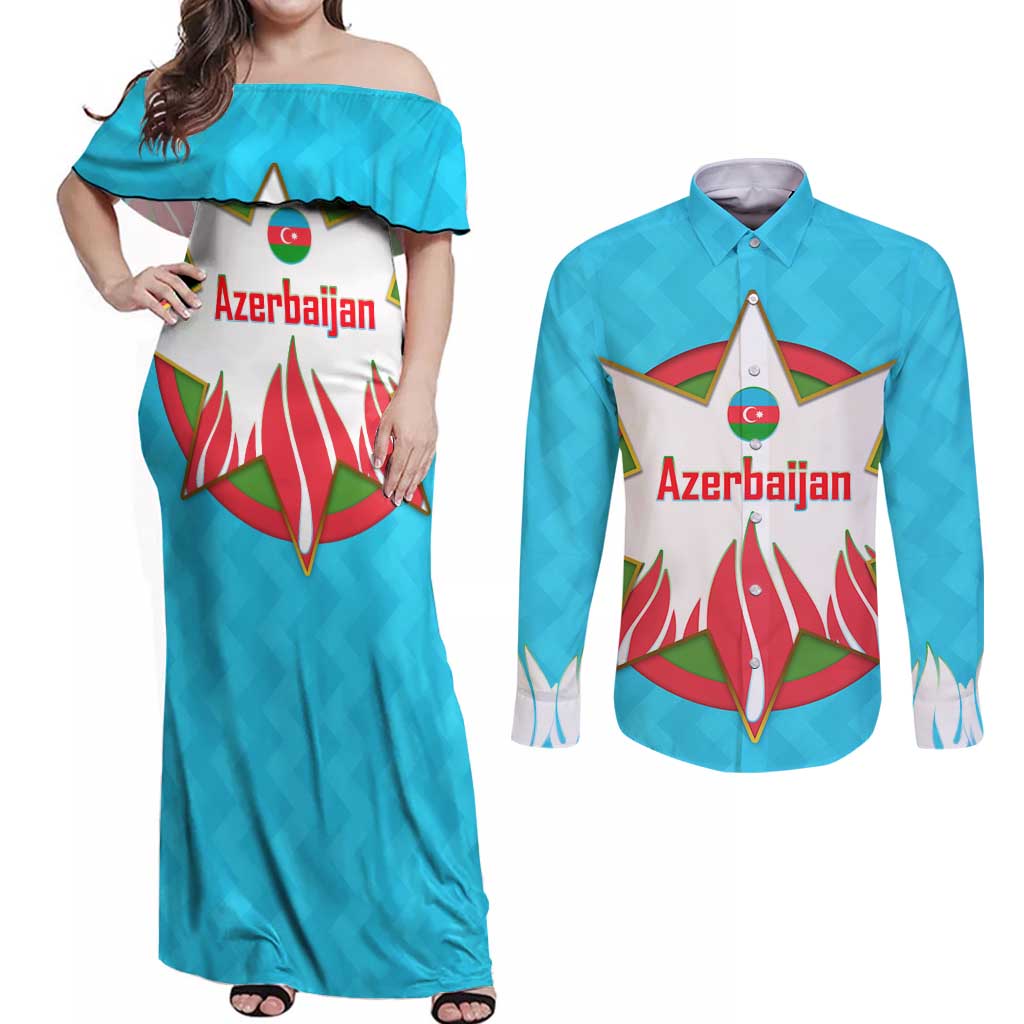 Azerbaijan National Emblem Couples Matching Off Shoulder Maxi Dress and Long Sleeve Button Shirt with Star and Flame Design in Sky Blue