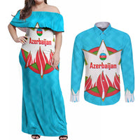 Azerbaijan National Emblem Couples Matching Off Shoulder Maxi Dress and Long Sleeve Button Shirt with Star and Flame Design in Sky Blue