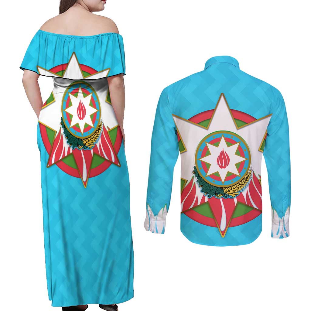 Azerbaijan National Emblem Couples Matching Off Shoulder Maxi Dress and Long Sleeve Button Shirt with Star and Flame Design in Sky Blue
