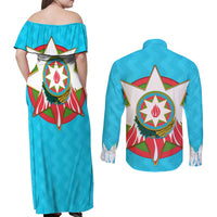 Azerbaijan National Emblem Couples Matching Off Shoulder Maxi Dress and Long Sleeve Button Shirt with Star and Flame Design in Sky Blue