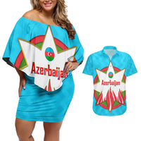 Azerbaijan National Emblem Couples Matching Off Shoulder Short Dress and Hawaiian Shirt with Star and Flame Design in Sky Blue