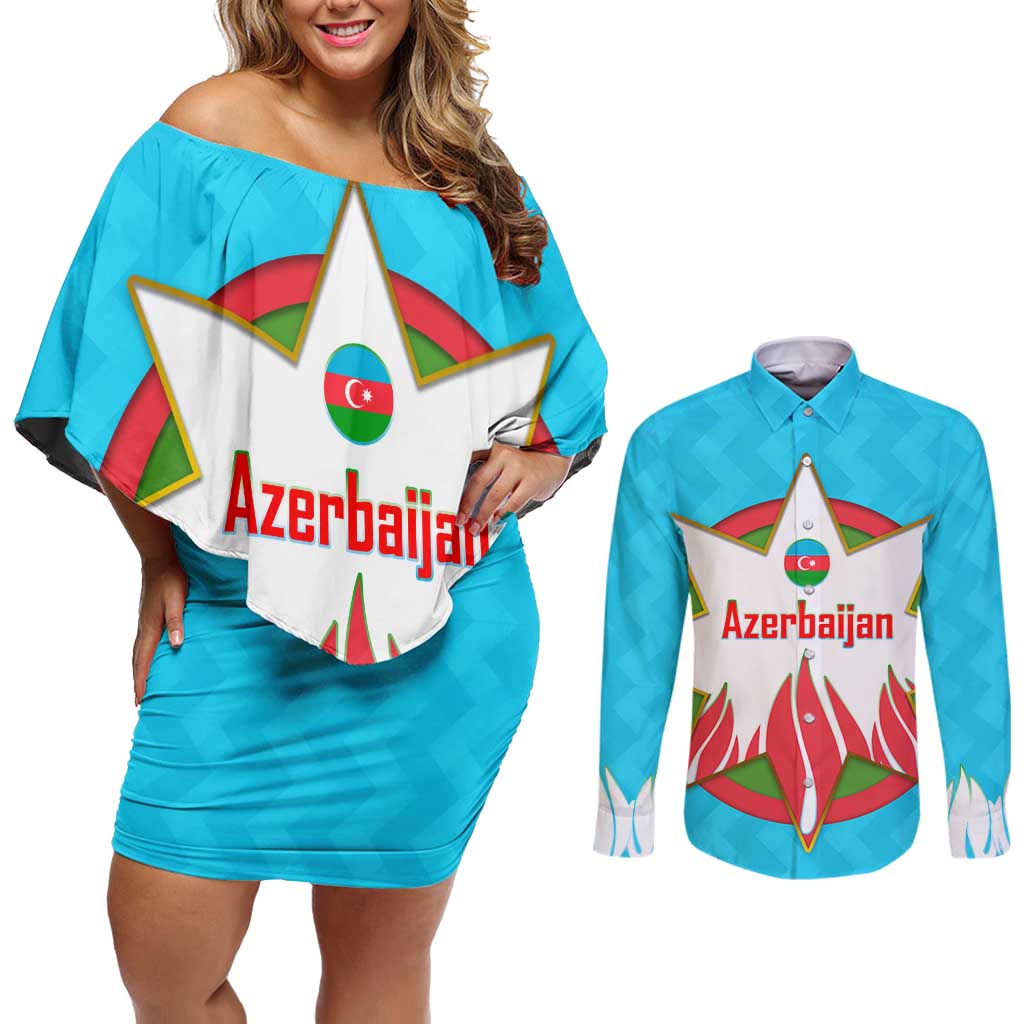 Azerbaijan National Emblem Couples Matching Off Shoulder Short Dress and Long Sleeve Button Shirt with Star and Flame Design in Sky Blue
