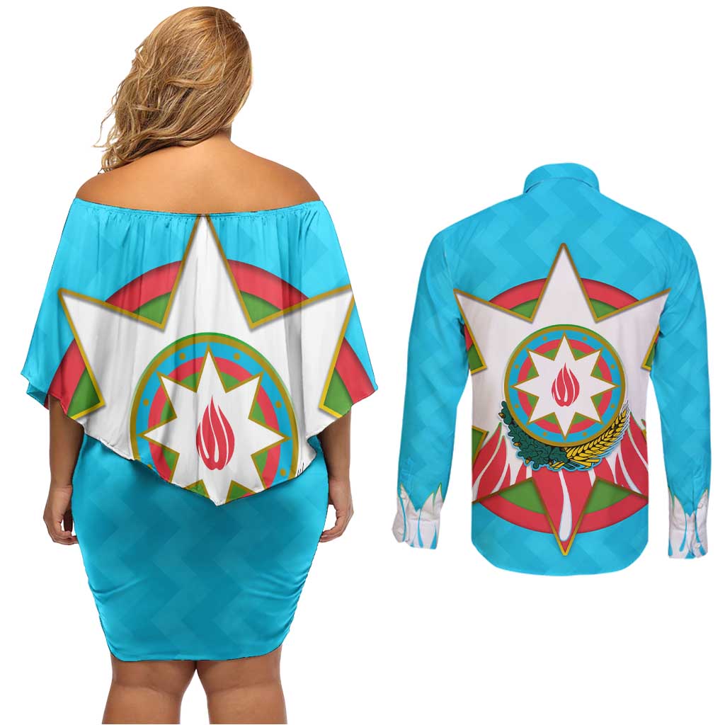 Azerbaijan National Emblem Couples Matching Off Shoulder Short Dress and Long Sleeve Button Shirt with Star and Flame Design in Sky Blue