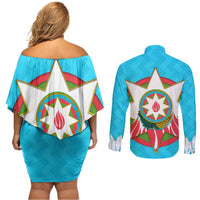 Azerbaijan National Emblem Couples Matching Off Shoulder Short Dress and Long Sleeve Button Shirt with Star and Flame Design in Sky Blue