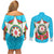 Azerbaijan National Emblem Couples Matching Off Shoulder Short Dress and Long Sleeve Button Shirt with Star and Flame Design in Sky Blue