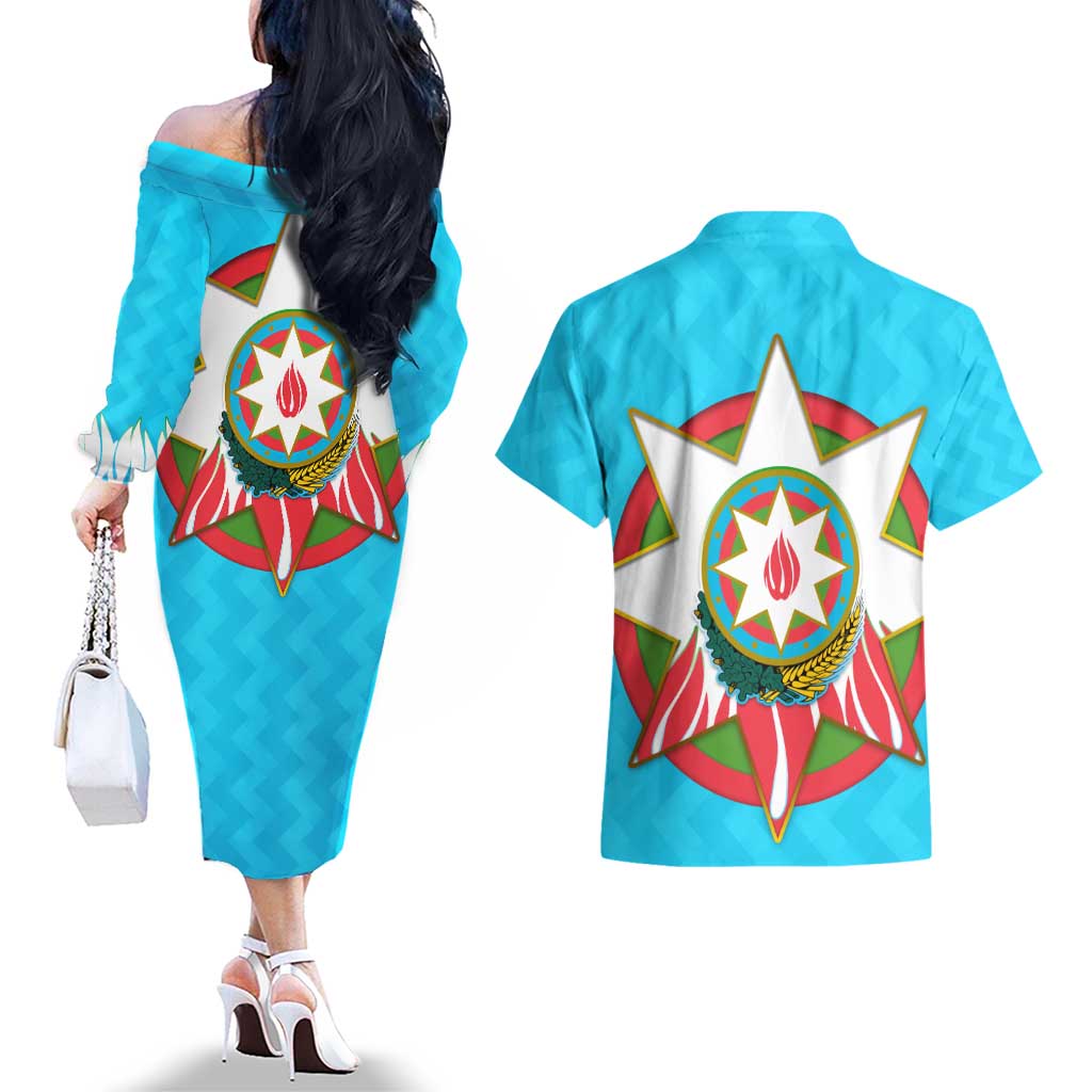 Azerbaijan National Emblem Couples Matching Off The Shoulder Long Sleeve Dress and Hawaiian Shirt with Star and Flame Design in Sky Blue