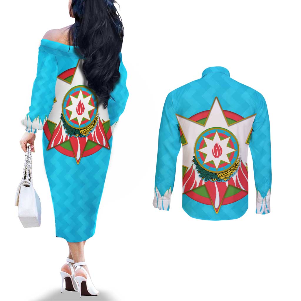 Azerbaijan National Emblem Couples Matching Off The Shoulder Long Sleeve Dress and Long Sleeve Button Shirt with Star and Flame Design in Sky Blue