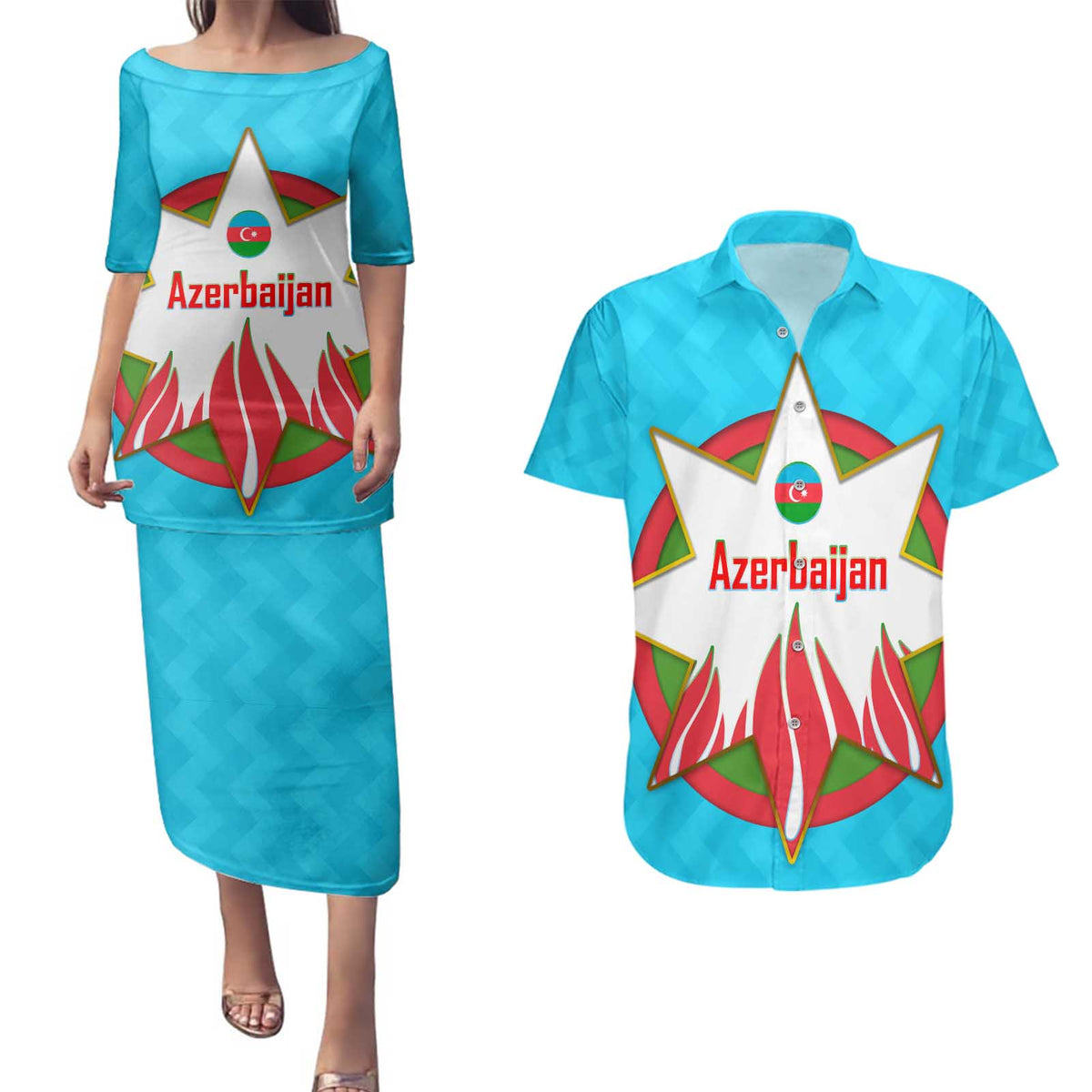 Azerbaijan National Emblem Couples Matching Puletasi and Hawaiian Shirt with Star and Flame Design in Sky Blue