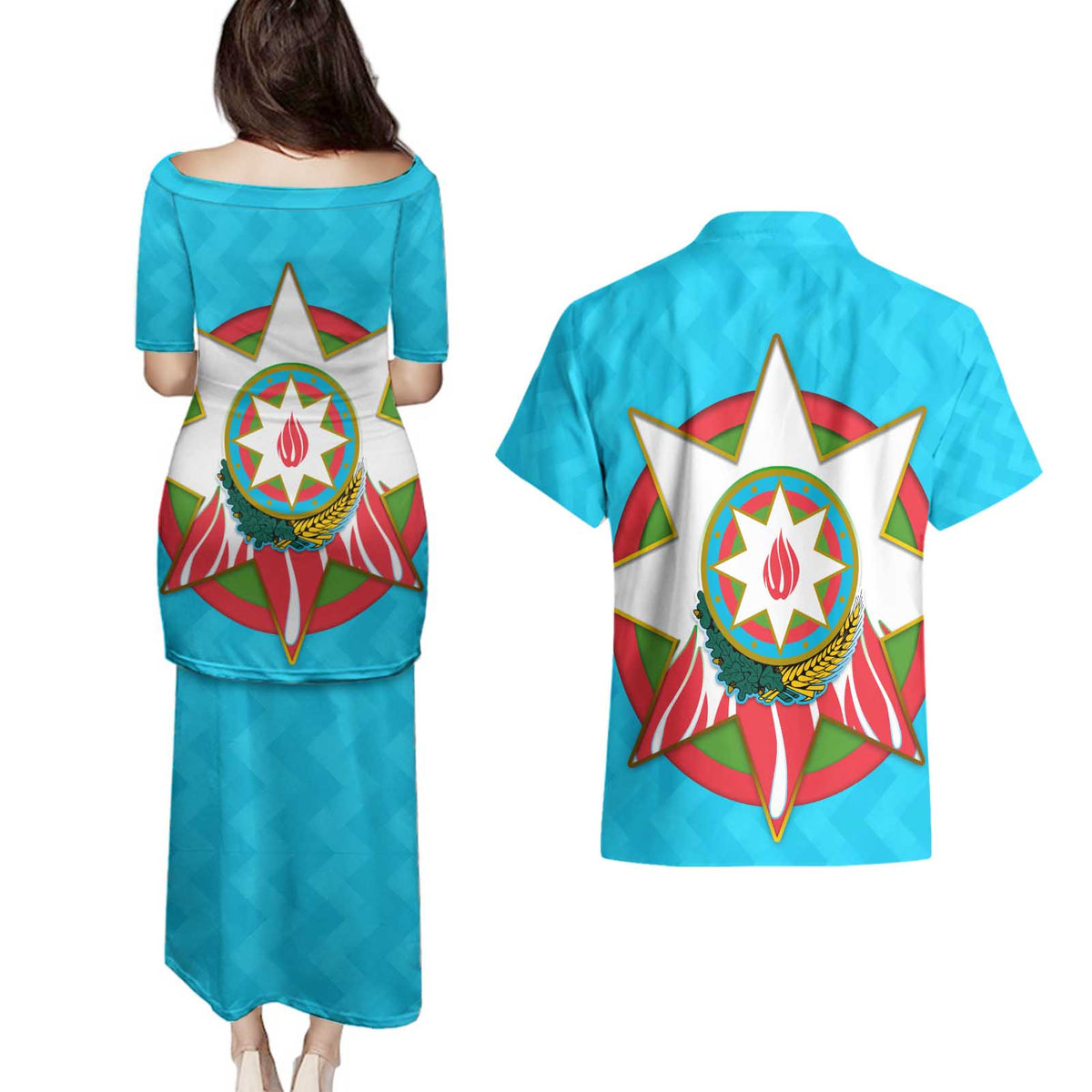 Azerbaijan National Emblem Couples Matching Puletasi and Hawaiian Shirt with Star and Flame Design in Sky Blue