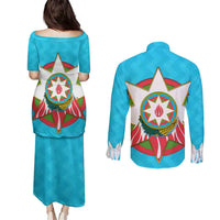 Azerbaijan National Emblem Couples Matching Puletasi and Long Sleeve Button Shirt with Star and Flame Design in Sky Blue