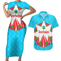Azerbaijan National Emblem Couples Matching Short Sleeve Bodycon Dress and Hawaiian Shirt with Star and Flame Design in Sky Blue