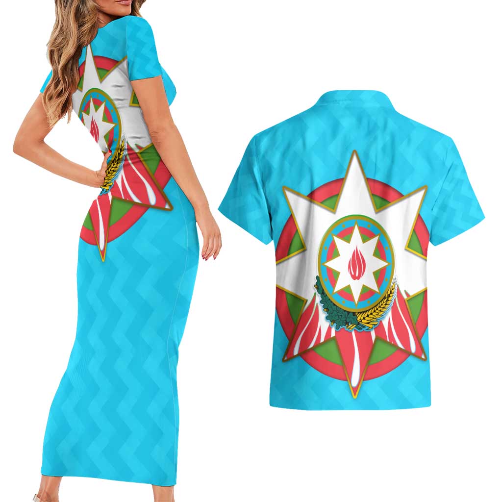Azerbaijan National Emblem Couples Matching Short Sleeve Bodycon Dress and Hawaiian Shirt with Star and Flame Design in Sky Blue
