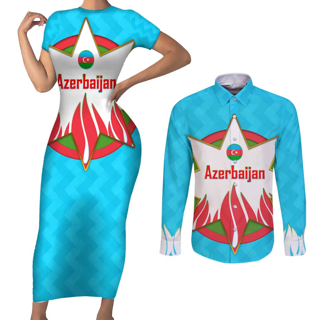 Azerbaijan National Emblem Couples Matching Short Sleeve Bodycon Dress and Long Sleeve Button Shirt with Star and Flame Design in Sky Blue