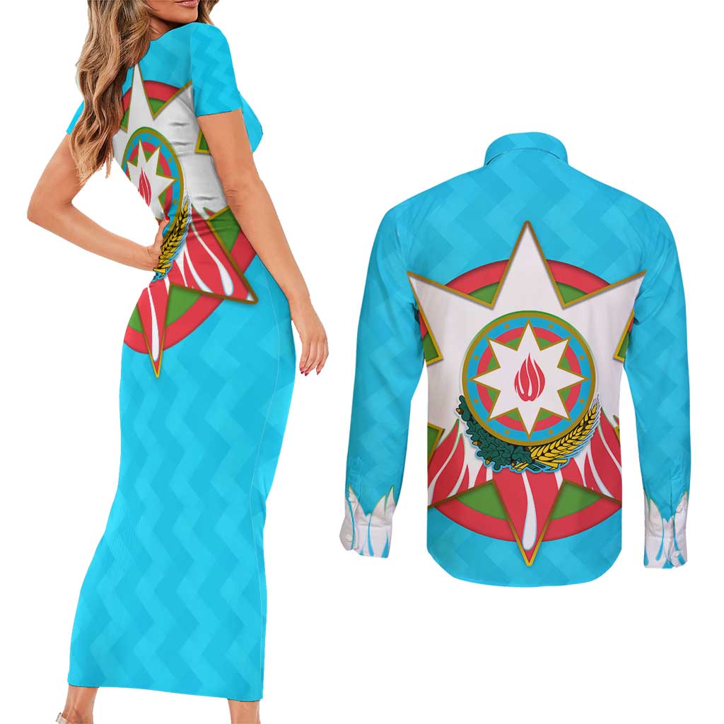 Azerbaijan National Emblem Couples Matching Short Sleeve Bodycon Dress and Long Sleeve Button Shirt with Star and Flame Design in Sky Blue