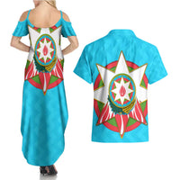 Azerbaijan National Emblem Couples Matching Summer Maxi Dress and Hawaiian Shirt with Star and Flame Design in Sky Blue