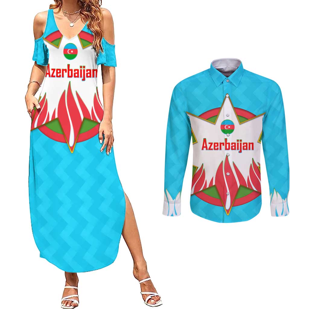 Azerbaijan National Emblem Couples Matching Summer Maxi Dress and Long Sleeve Button Shirt with Star and Flame Design in Sky Blue