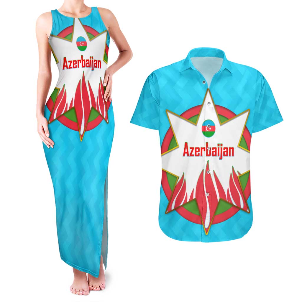Azerbaijan National Emblem Couples Matching Tank Maxi Dress and Hawaiian Shirt with Star and Flame Design in Sky Blue