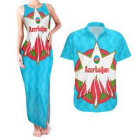 Azerbaijan National Emblem Couples Matching Tank Maxi Dress and Hawaiian Shirt with Star and Flame Design in Sky Blue