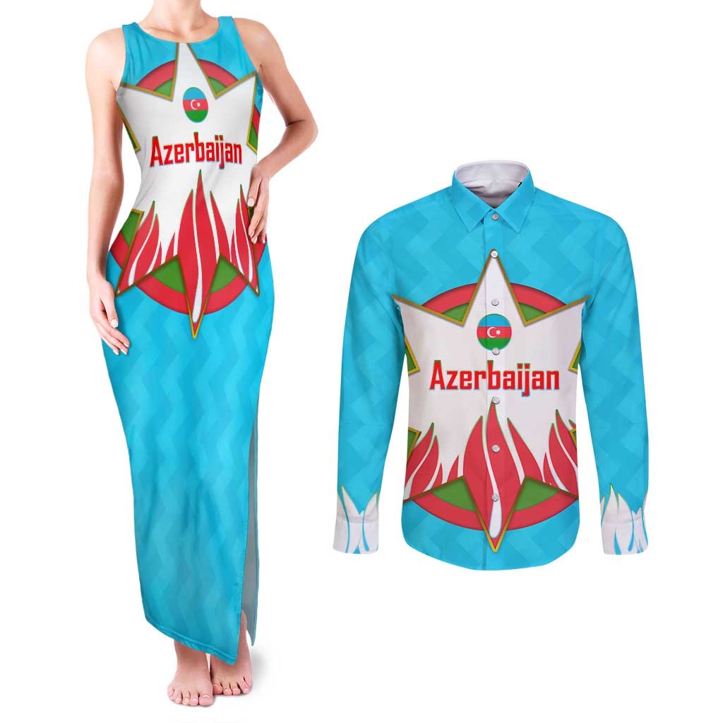 Azerbaijan National Emblem Couples Matching Tank Maxi Dress and Long Sleeve Button Shirt with Star and Flame Design in Sky Blue