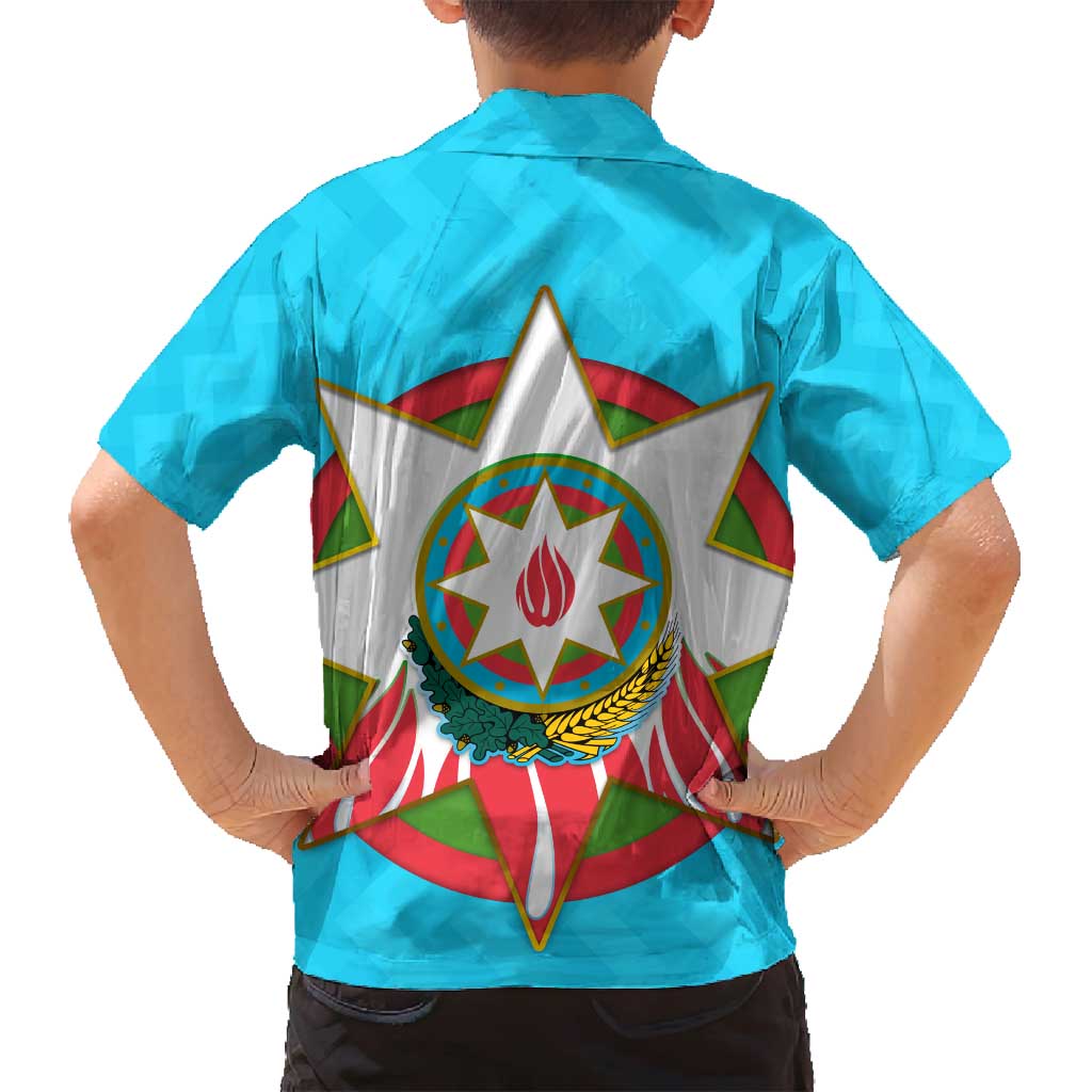 Azerbaijan National Emblem Family Matching Long Sleeve Bodycon Dress and Hawaiian Shirt with Star and Flame Design in Sky Blue