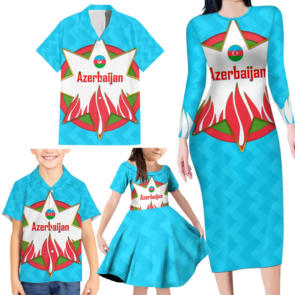 Azerbaijan National Emblem Family Matching Long Sleeve Bodycon Dress and Hawaiian Shirt with Star and Flame Design in Sky Blue